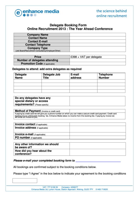 Delegate Booking Form Printable pdf