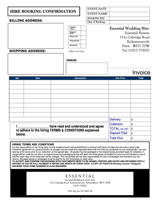 Hire Booking Confirmation Printable pdf