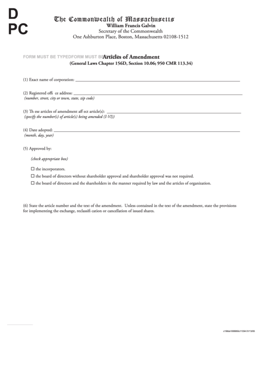 Fillable Articles Of Amendment Form - The Commonwealth Of Massachusetts Printable pdf