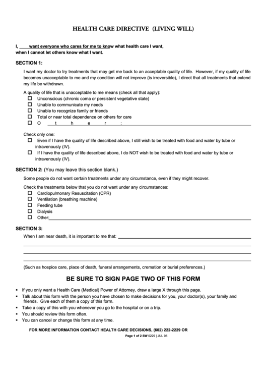 Fillable Health Care Directive Living Will Printable Pdf Download