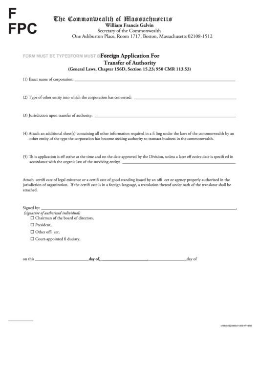 Fillable Form Fpc - Foreign Application For Transfer Of Authority - The Commonwealth Of Massachusetts Printable pdf