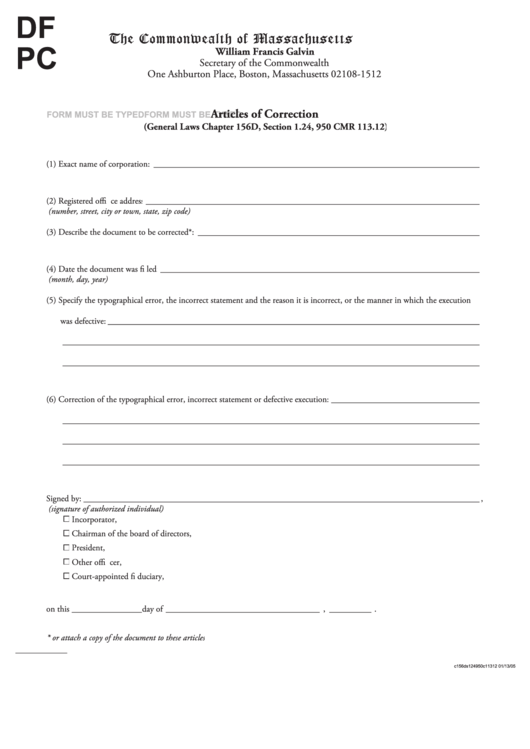 Fillable Form Dfpc - Articles Of Correction Form - The Commonwealth Of Massachusetts Printable pdf