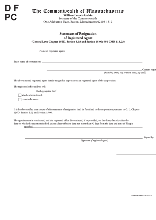 Statement Of Resignation Of Registered Agent Form - The Commonwealth Of Massachusetts Printable pdf