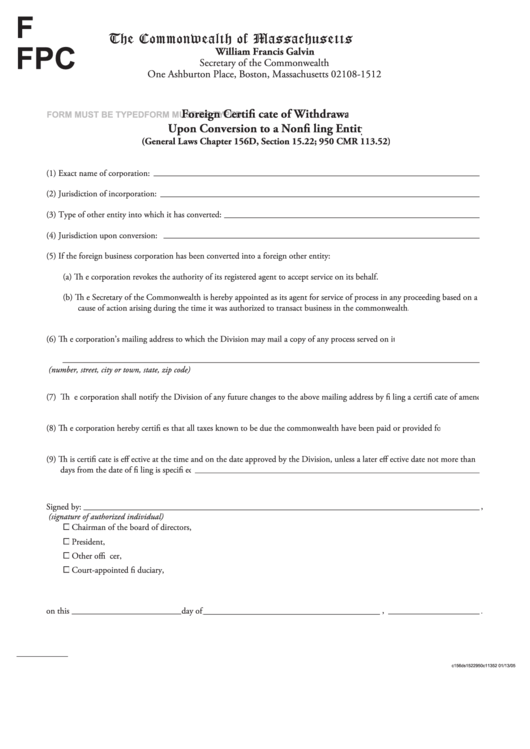 Foreign Certificate Of Withdrawal Upon Conversion To A Nonfiling Entity - The Commonwealth Of Massachusetts Printable pdf