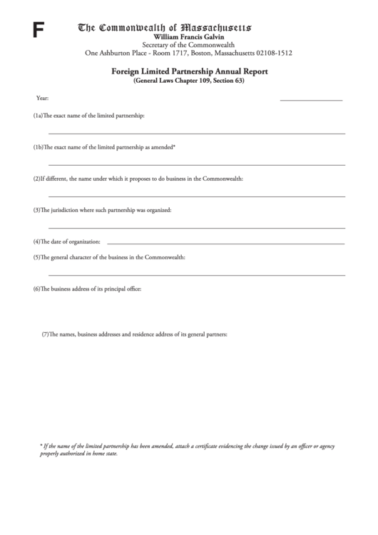 Fillable Foreign Limited Partnership Annual Report Form - The Commonwealth Of Massachusetts Printable pdf