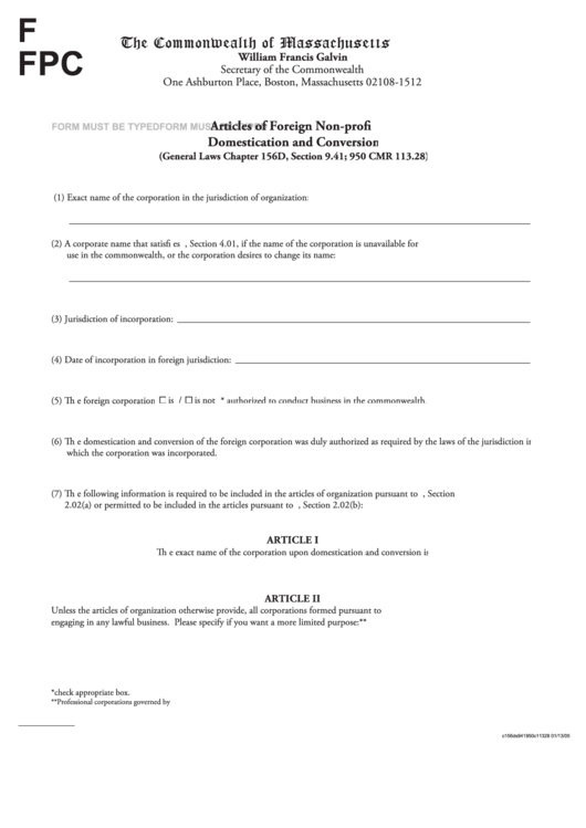 Fillable Form Ffpc - Articles Of Foreign Non-Profit Domestication And Conversion Printable pdf