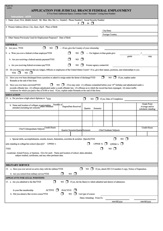 Fillable Form Ao 078 - Application For Judical Branch Federal Employment Printable pdf