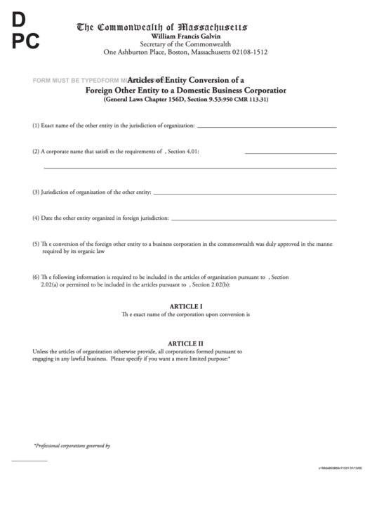 Form Dpc - Articles Of Entity Conversion Of A Foreign Other Entity To A Domestic Business Corporation Printable pdf