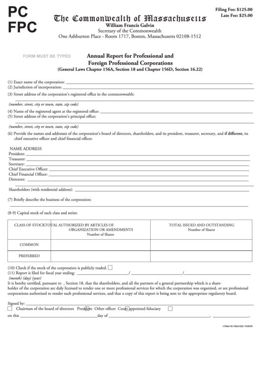 Fillable Form Pc Fpc - Annual Report For Professional And Foreign Professional Corporations Printable pdf