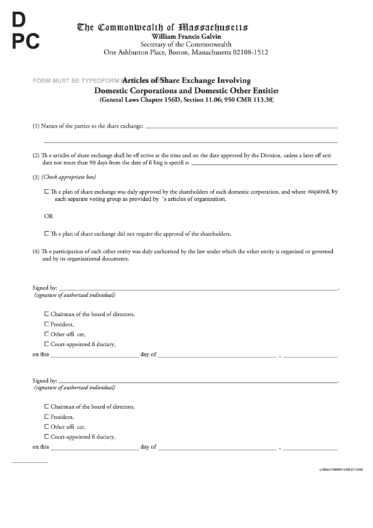 Fillable Articles Of Share Exchange Involving Domestic Corporations And Domestic Other Entities - Commonwealth Of Massachusetts Printable pdf
