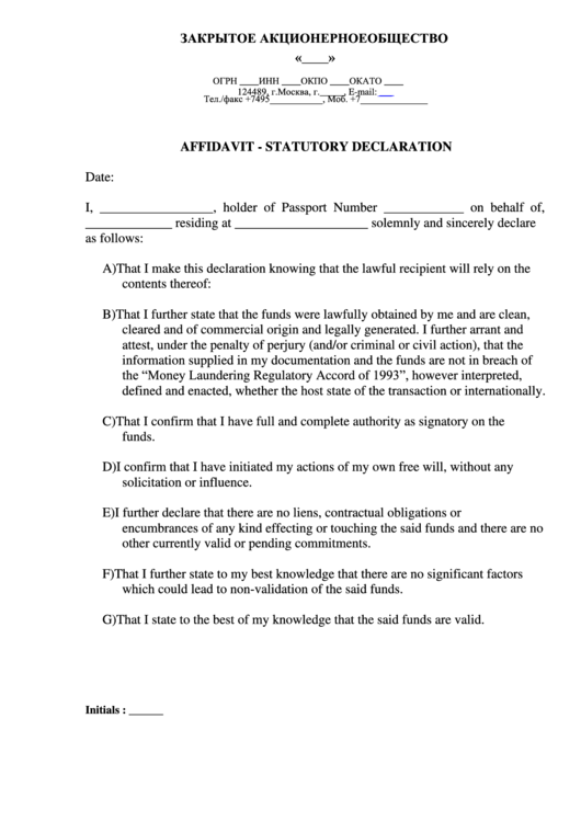 Affidavit - Statutory Declaration