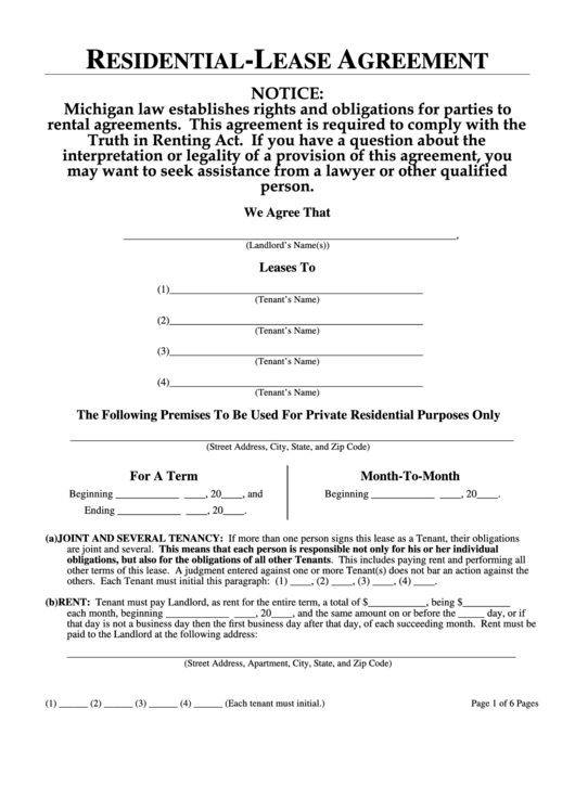 Fillable Residential Lease Agreement Template printable pdf download