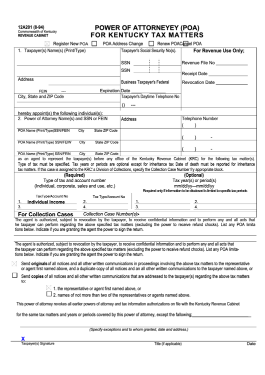 Fillable Power Of Attorney (Poa) For Kentucky Tax Matters Printable pdf