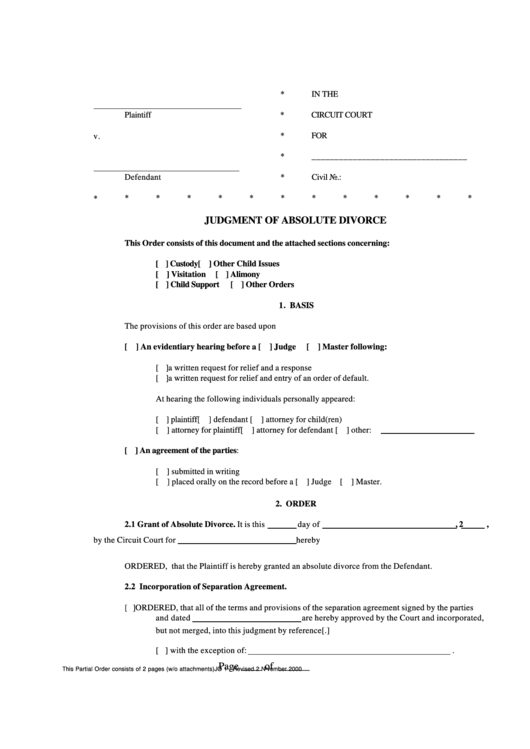 Judgment Of Absolute Divorce Printable pdf