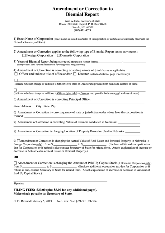Fillable Amendment Or Correction To Biennial Report - 2013 Printable pdf