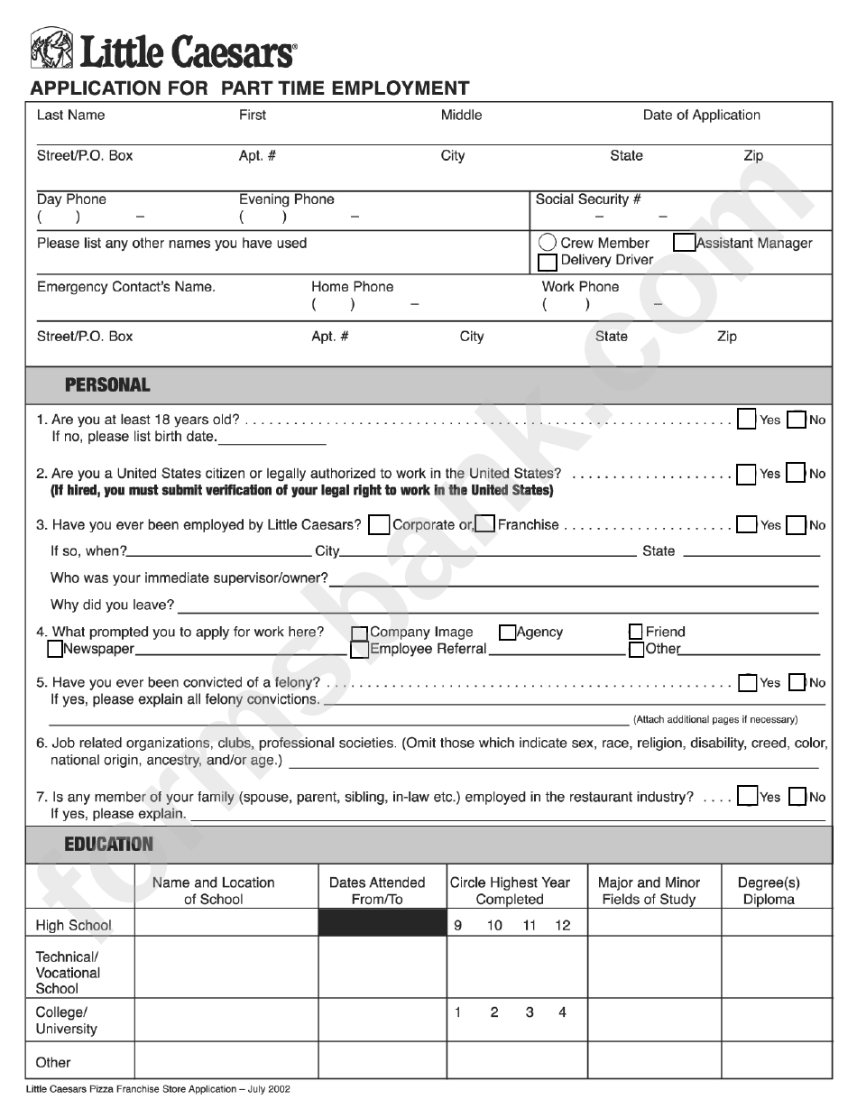 Little Caesars Application For Part Time Employment