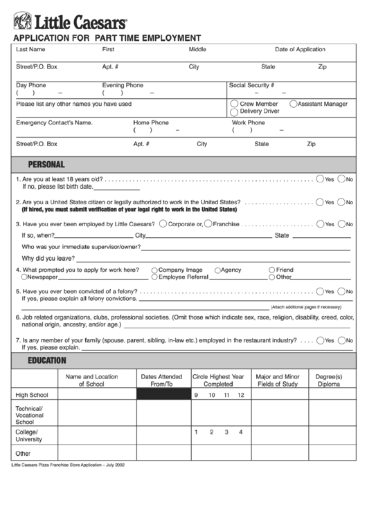 Fillable Little Caesars Application For Part Time Employment Printable pdf