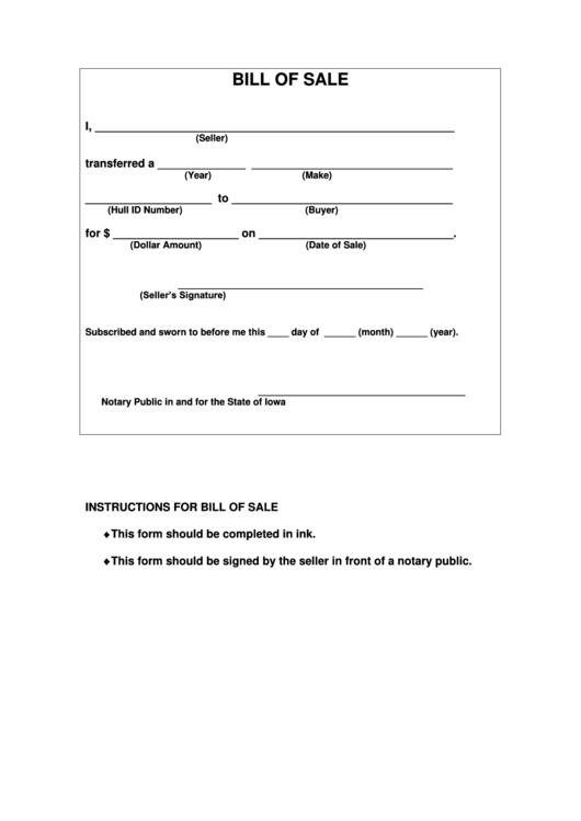 Bill Of Sale Form - State Of Iowa Printable pdf