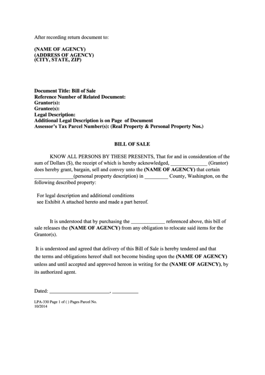Form Lpa-330 - Property Bill Of Sale - Washington Printable pdf