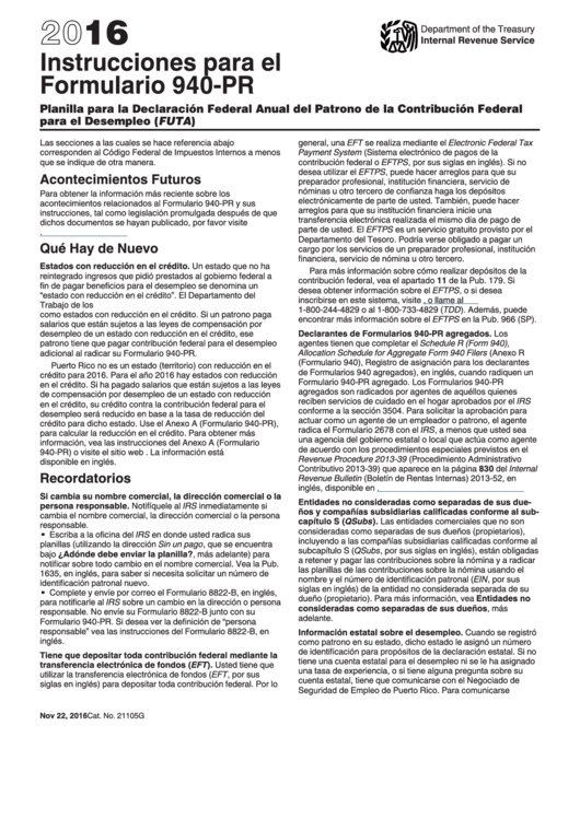 Instrucciones Para El Formulario 940-Pr - 2016 Printable pdf