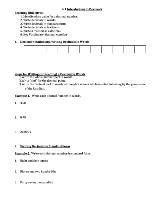 Introduction To Decimals Worksheet Printable pdf