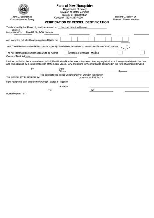 Fillable Form Rdmv690 - Verification Of Vessel Identification Printable pdf