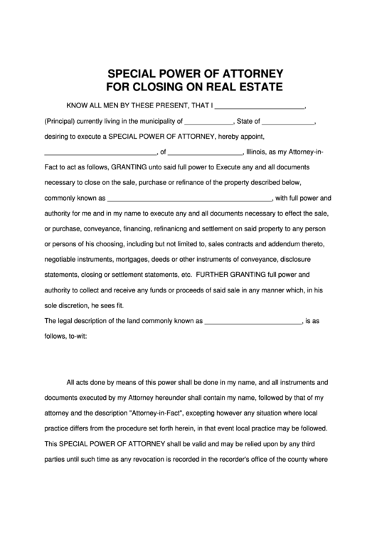 Fillable Special Power Of Attorney For Closing On Real Estate Printable pdf