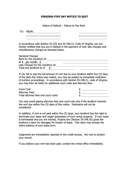 Fillable Virginia Five Day Notice To Quit Template Printable pdf