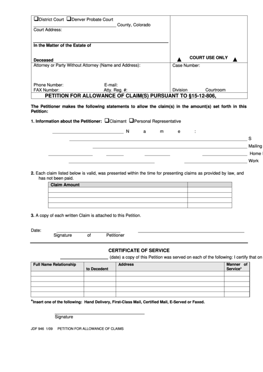 Fillable Petition For Allowance Of Claims Pursuant To Printable pdf