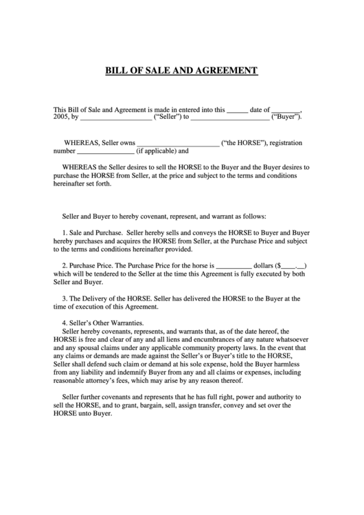 Bill Of Sale And Agreement Template Printable pdf