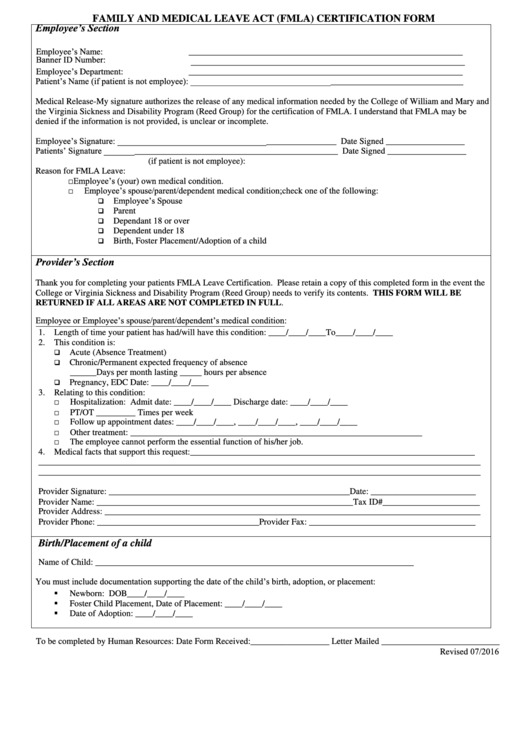 Family And Medical Leave Act (fmla) Certification Form