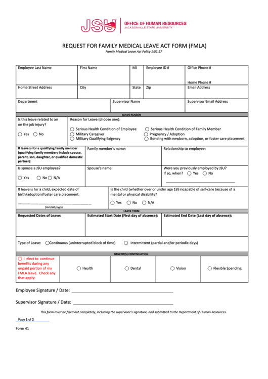 Fillable Jsu Request For Family Medical Leave Act Form (Fmla) Printable pdf
