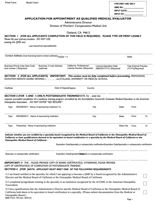 Fillable Qme Form 100 - Application For Appointment As Qualified Medical Evaluator Printable pdf