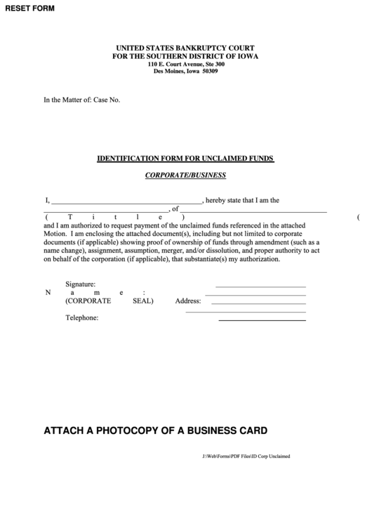 Fillable Identification Form For Unclaimed Funds (Corporate/business) Printable pdf
