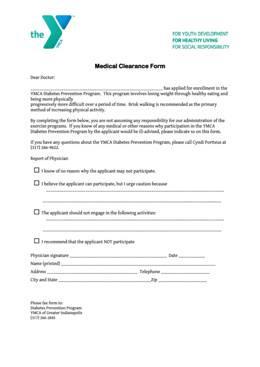 Medical Clearance Form The Ymca Printable pdf