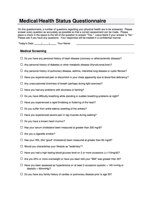 Medical/health Status Questionnaire Printable pdf
