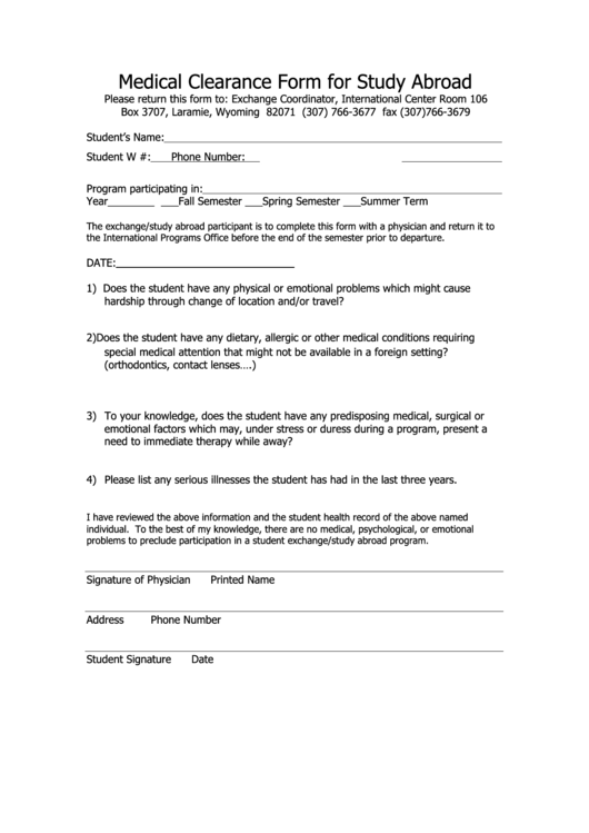 Medical Clearance Form For Study Abroad Printable pdf