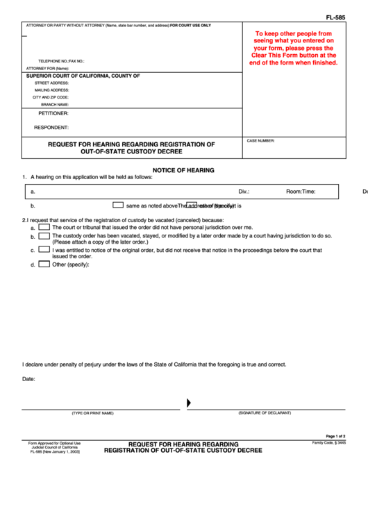 Fillable Request For Hearing Regarding Registration Of Out Of State Custody Decree Printable pdf