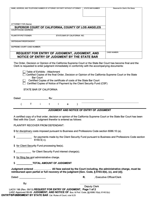 Fillable Request For Entry Of Judgment, Judgment, And Notice Of Entry Of Judgment By The State Bar Printable pdf