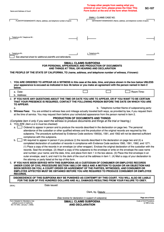 Fillable Sc-107 Form - Small Claims Subpoena For Personal Printable pdf