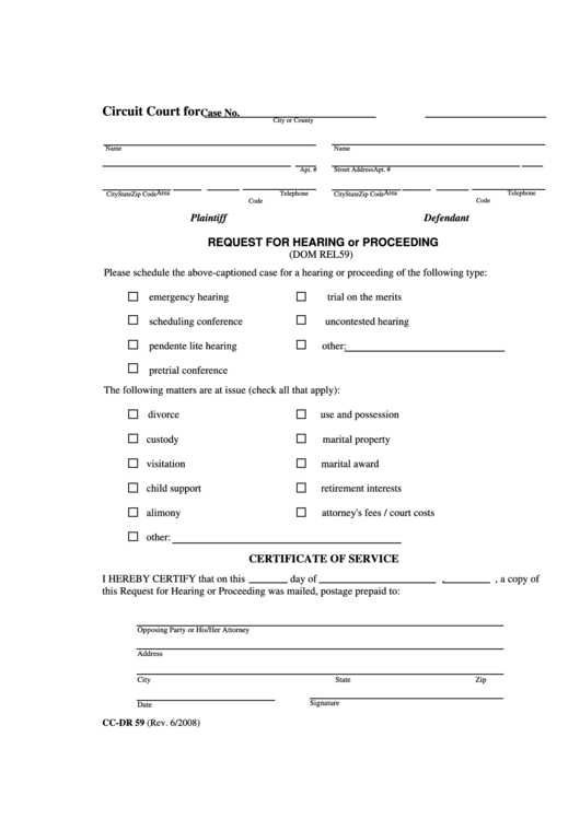 Fillable Request For Hearing Or Proceeding Printable pdf