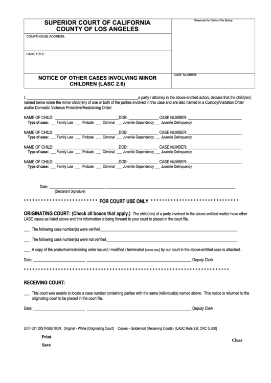 Fillable Notice Of Other Cases Involving Minor Children (Lasc 2.6) Printable pdf