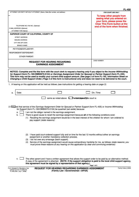 Fillable Request For Hearing Regarding Earnings Assignment Printable pdf