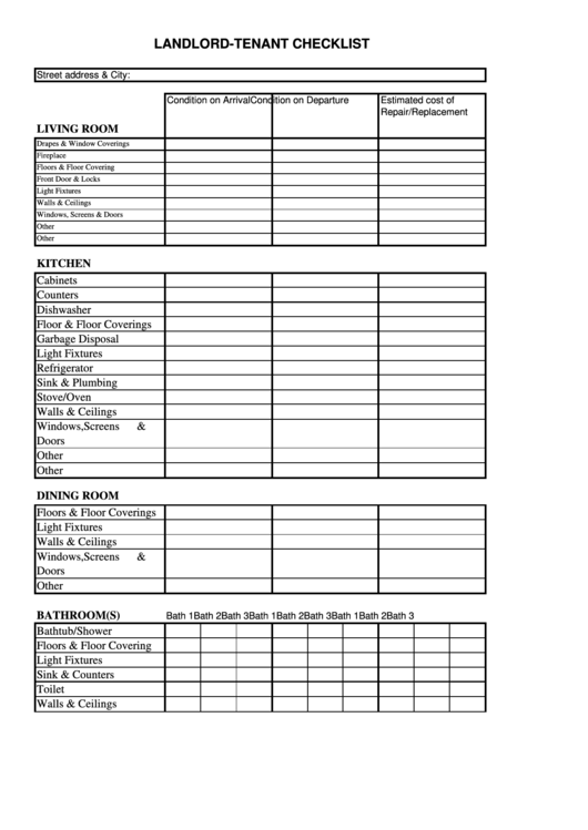 Landlord-Tenant Checklist Template Printable pdf