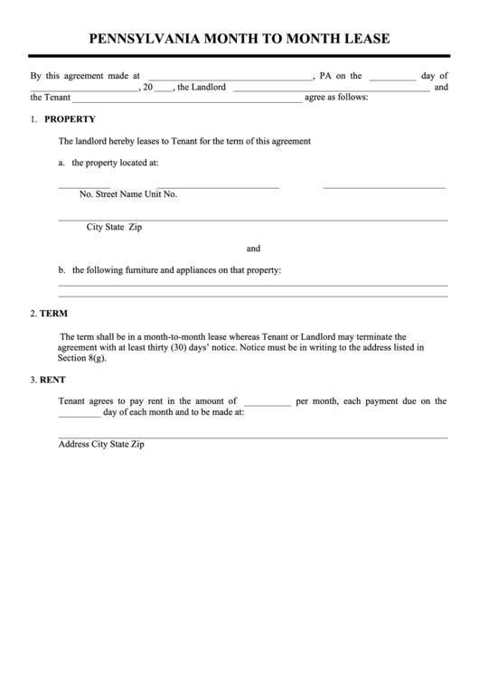 Fillable Pennsylvania Month To Month Lease Form Printable pdf