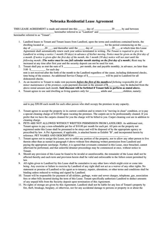 Fillable Nebraska Residential Lease Agreement Template Printable pdf