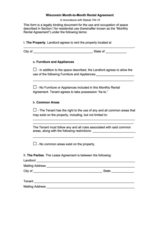 Fillable Wisconsin Month-To-Month Rental Agreement Template Printable pdf