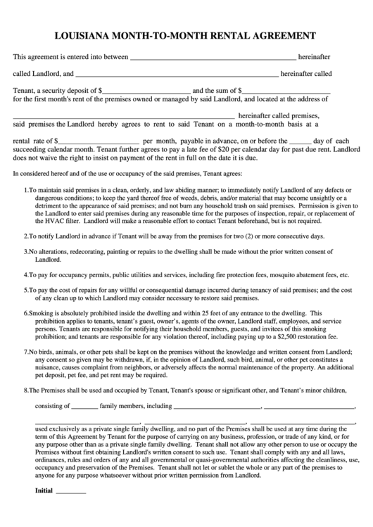 Fillable Louisiana Month-To-Month Rental Agreement Form Printable pdf