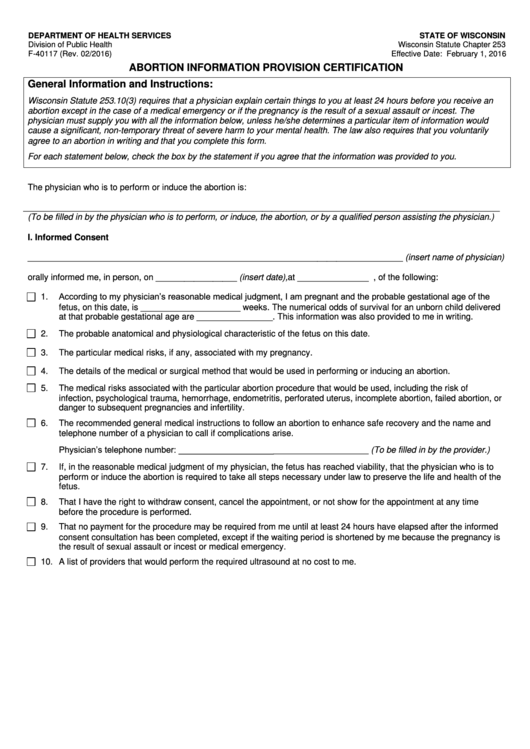Abortion Information And Informed Consent Form Printable pdf