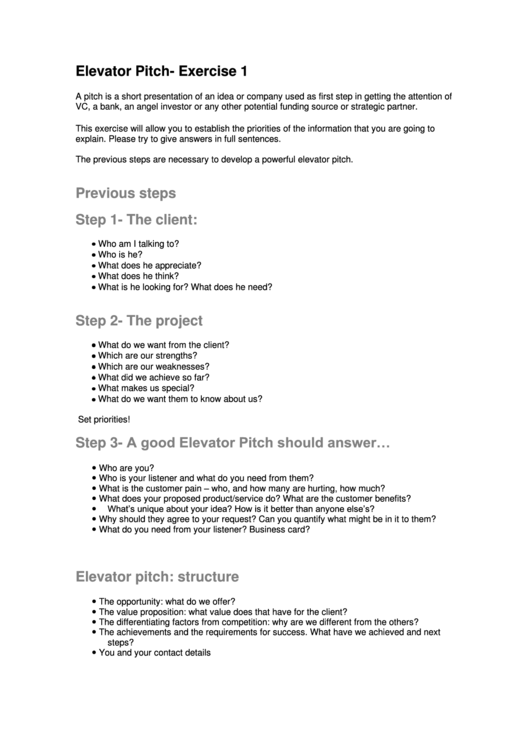 Elevator Pitch Practice Sheet Printable pdf